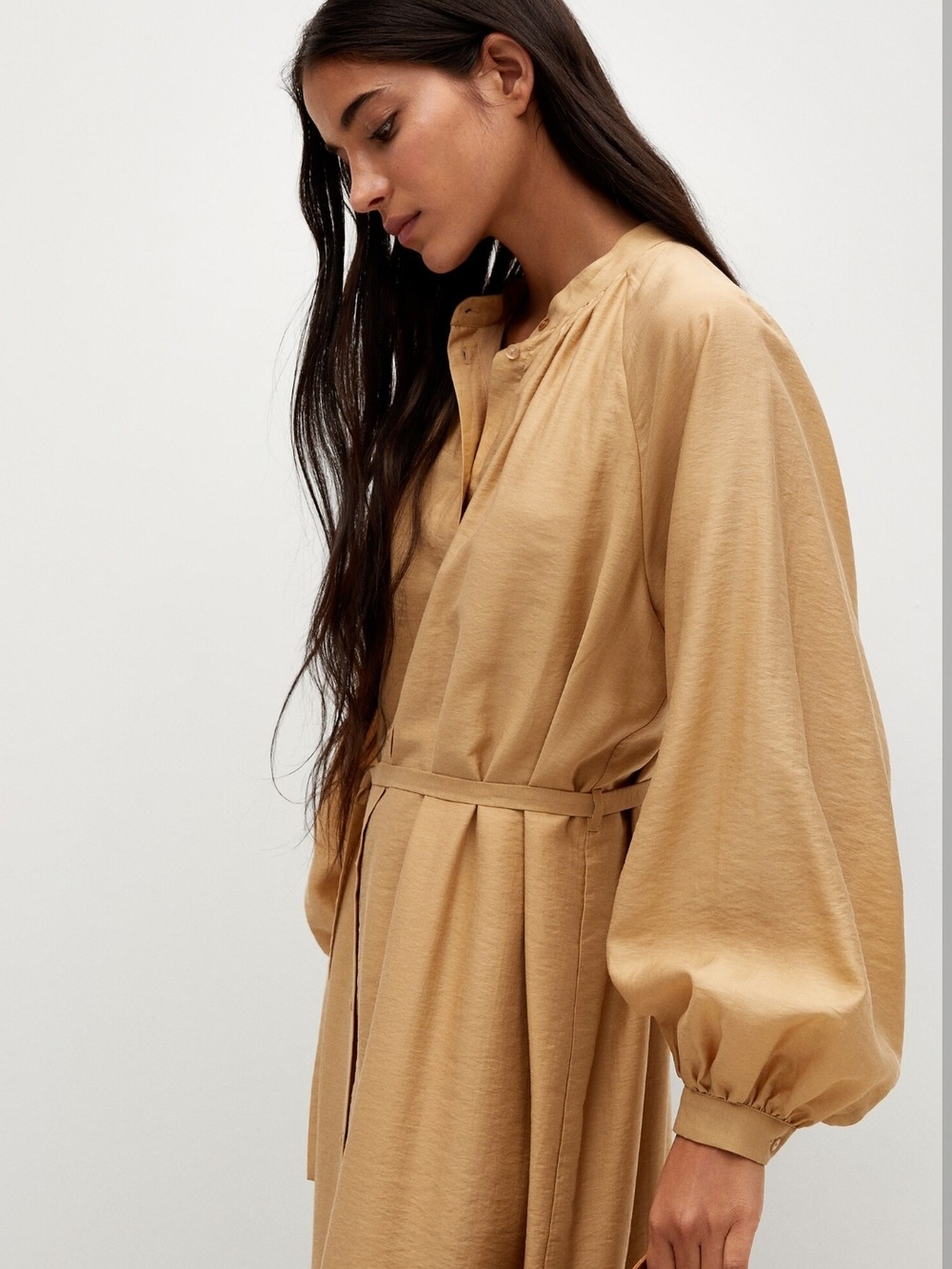Mango Long Sleeve Button-Front Maxi Dress in Camel Size 8 - Picture 2 of 8